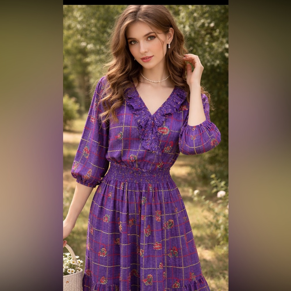 Vtg 80s Jaymee Papell midi dress smocked paisley 3/4 bishop sleeve ruffle granny